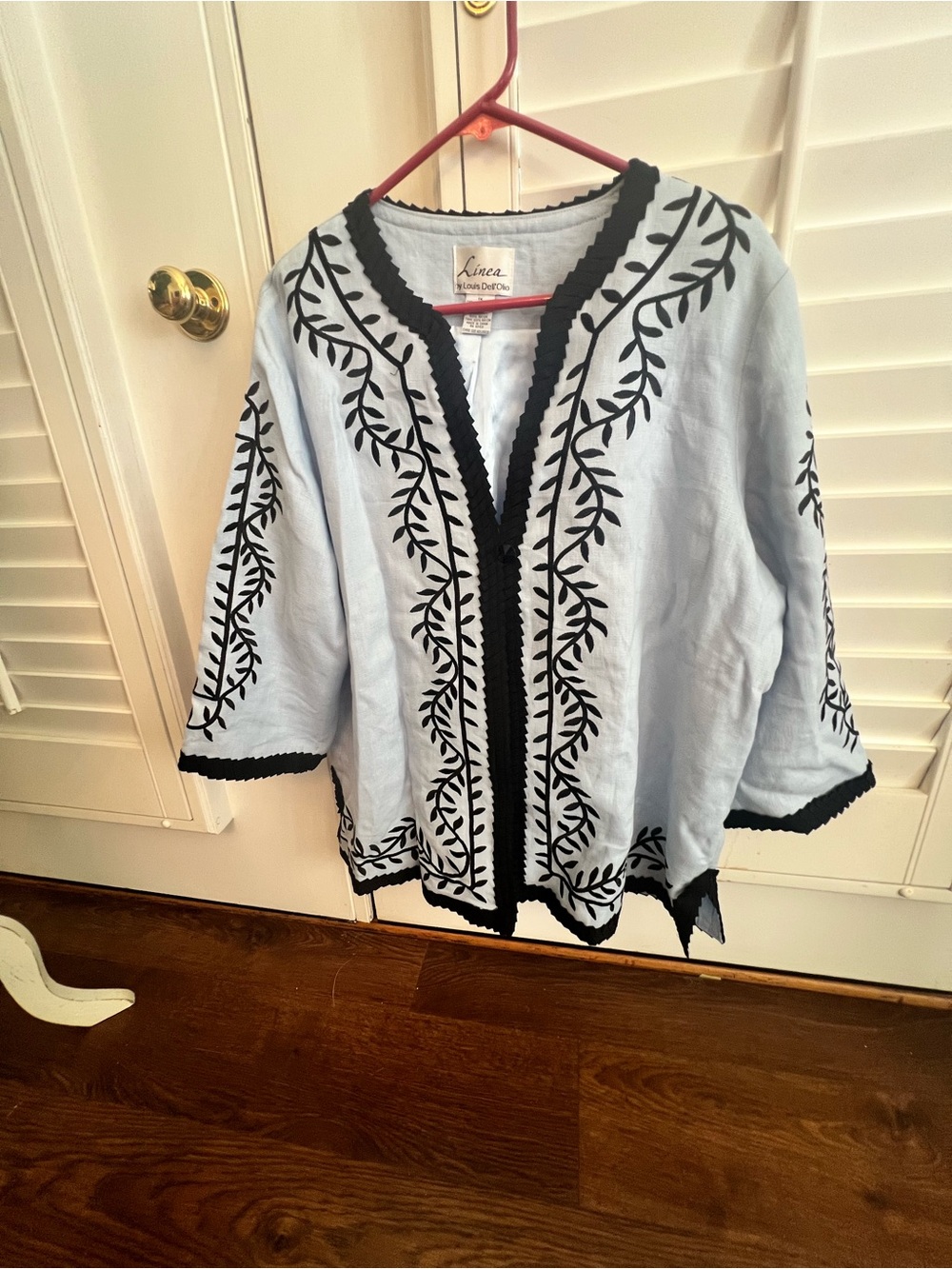 Linea by Louis Dell'Olio Pale Blue Open Embroidered Cardigan with Black Trim